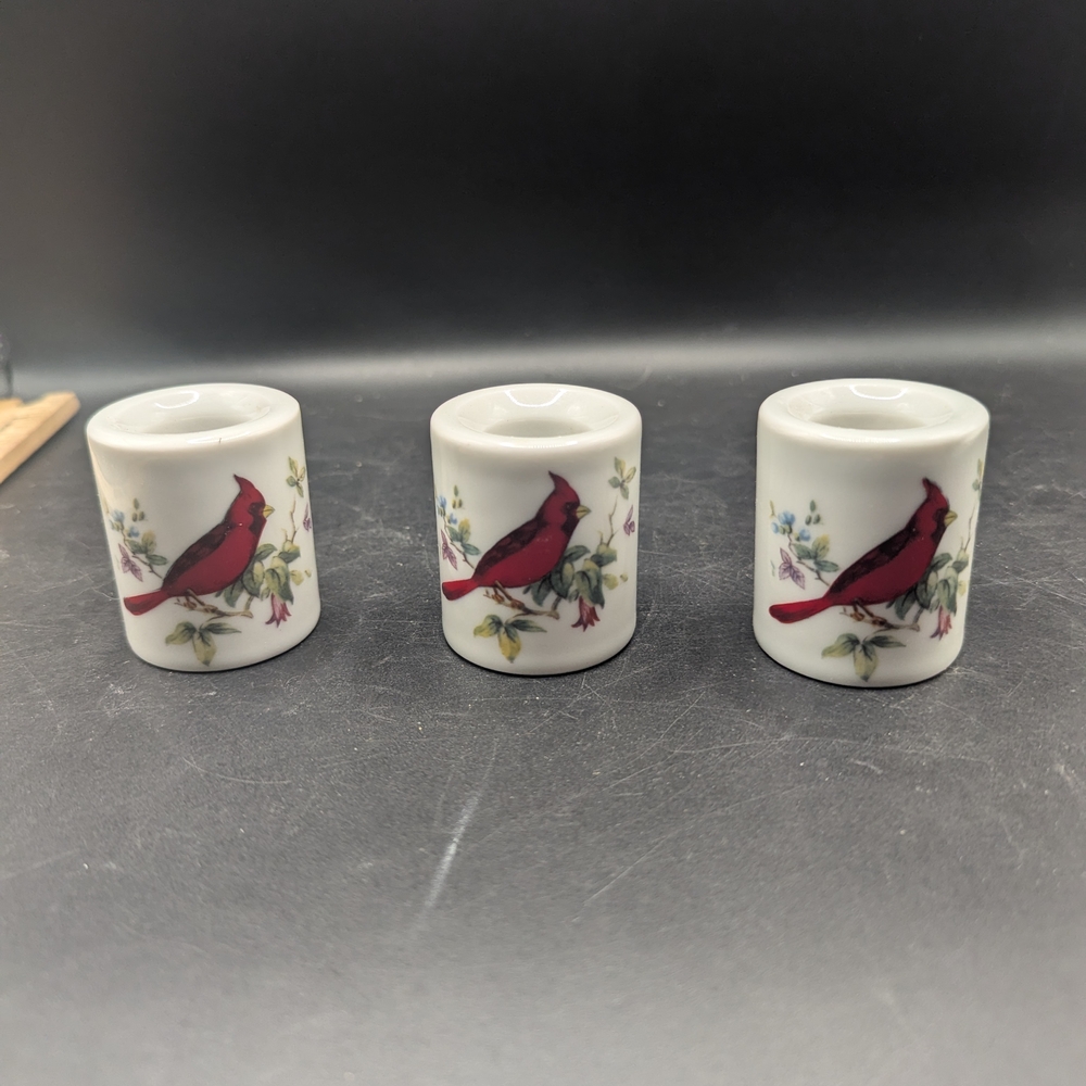 Vintage Lot of 3 Taper Candle Holders W Germany With Red Cardinal Design